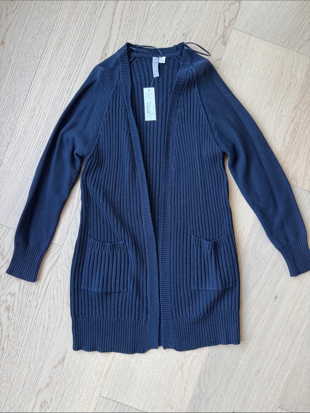 Francesca's Knit Cardigan Women’s Small Navy Open Front Pockets Elbow Patch NWT